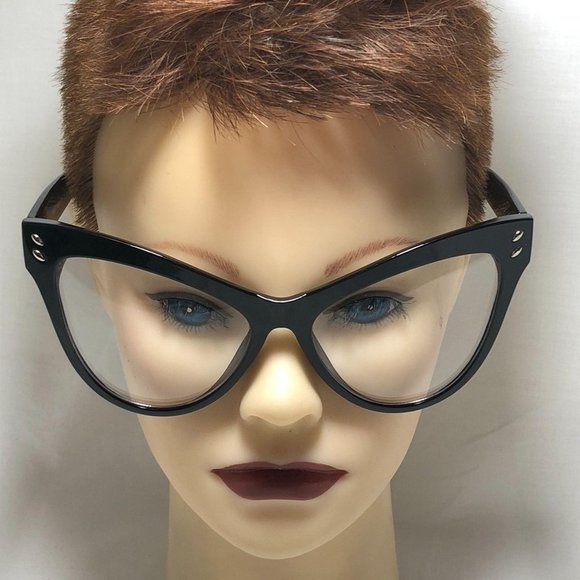 H30-2: Black Large Clear Cateye Glasses - Picture 4 of 5